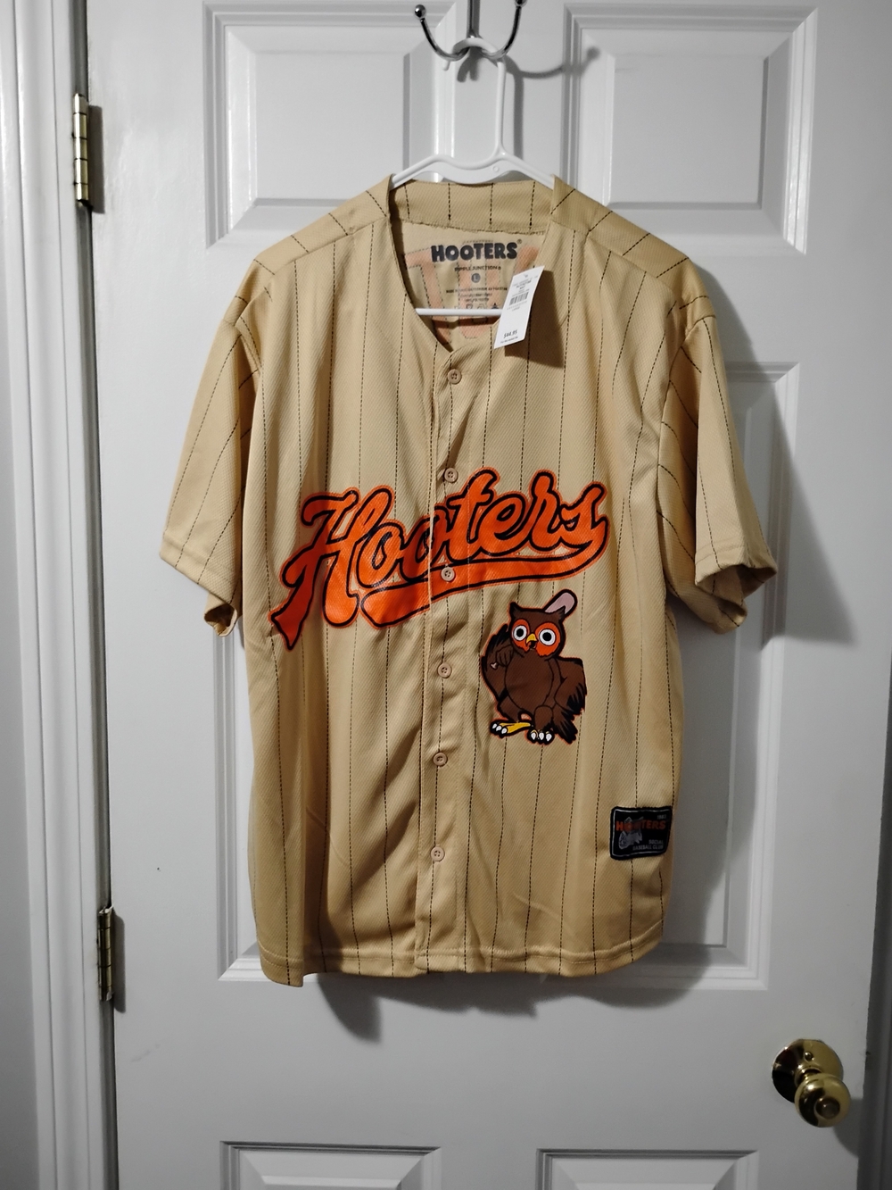 Hooters Tan Pinstripe Jersey with Orange Script and Owl Patch